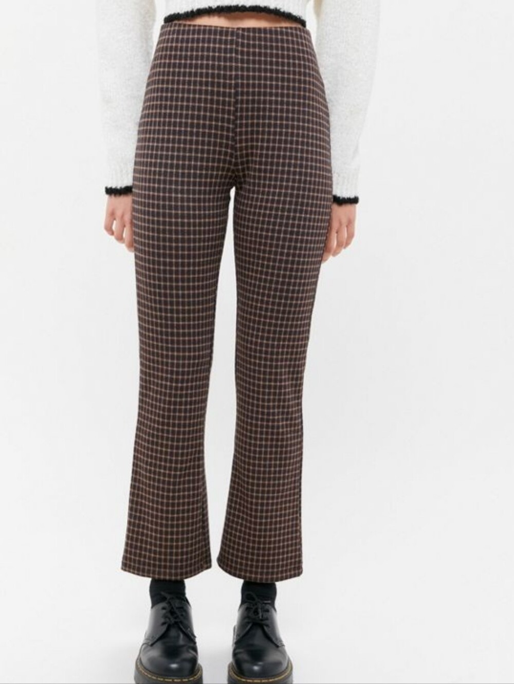 Urban Outfitters Cara High-Waisted Kick Flare Pant Plaid Stretch Brown Small S